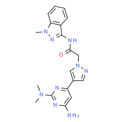 ChemSpider 2D Image | 2-{4-[6-Amino-2-(dimethylamino)-4-pyrimidinyl]-1H-pyrazol-1-yl}-N-(1-methyl-1H-indazol-3-yl)acetamide | C19H21N9O
