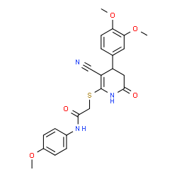 ChemSpider 2D Image | 2-{[3-Cyano-4-(3,4-dimethoxyphenyl)-6-oxo-1,4,5,6-tetrahydro-2-pyridinyl]sulfanyl}-N-(4-methoxyphenyl)acetamide | C23H23N3O5S