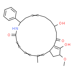 ChemSpider 2D Image | 15,18-Dihydroxy-19-methoxy-2-methyl-9-phenyl-9,10,13,14,15,16,20,20a-octahydrocyclopenta[i]azacyclononadecine-7,17(8H,19H)-dione | C29H35NO5