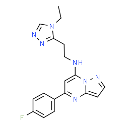 ChemSpider 2D Image | N-[2-(4-Ethyl-4H-1,2,4-triazol-3-yl)ethyl]-5-(4-fluorophenyl)pyrazolo[1,5-a]pyrimidin-7-amine | C18H18FN7