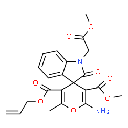 ChemSpider 2D Image | 5'-Allyl 3'-methyl 2'-amino-1-(2-methoxy-2-oxoethyl)-6'-methyl-2-oxo-1,2-dihydrospiro[indole-3,4'-pyran]-3',5'-dicarboxylate | C22H22N2O8