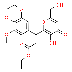ChemSpider 2D Image | Ethyl 3-[3-hydroxy-6-(hydroxymethyl)-4-oxo-4H-pyran-2-yl]-3-(8-methoxy-2,3-dihydro-1,4-benzodioxin-6-yl)propanoate | C20H22O9