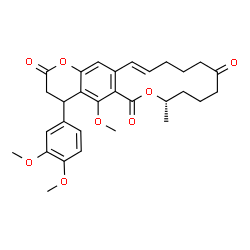ChemSpider 2D Image | (8S,16E)-4-(3,4-Dimethoxyphenyl)-5-methoxy-8-methyl-4,8,9,10,11,13,14,15-octahydro-2H,6H-oxacyclotetradecino[3,4-g]chromene-2,6,12(3H)-trione | C30H34O8