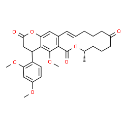 ChemSpider 2D Image | (8S,16E)-4-(2,4-Dimethoxyphenyl)-5-methoxy-8-methyl-4,8,9,10,11,13,14,15-octahydro-2H,6H-oxacyclotetradecino[3,4-g]chromene-2,6,12(3H)-trione | C30H34O8