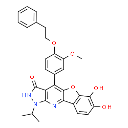 ChemSpider 2D Image | 6,7-Dihydroxy-1-isopropyl-4-[3-methoxy-4-(2-phenylethoxy)phenyl]-1,2-dihydro-3H-[1]benzofuro[3,2-b]pyrazolo[4,3-e]pyridin-3-one | C30H27N3O6