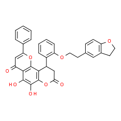 ChemSpider 2D Image | 10-{2-[2-(2,3-Dihydro-1-benzofuran-5-yl)ethoxy]phenyl}-5,6-dihydroxy-2-phenyl-9,10-dihydro-4H,8H-pyrano[2,3-f]chromene-4,8-dione | C34H26O8