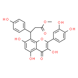 ChemSpider 2D Image | Methyl 3-[2-(3,4-dihydroxyphenyl)-3,5,7-trihydroxy-4-oxo-4H-chromen-8-yl]-3-(4-hydroxyphenyl)propanoate | C25H20O10