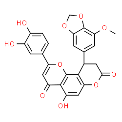ChemSpider 2D Image | 2-(3,4-Dihydroxyphenyl)-5-hydroxy-10-(7-methoxy-1,3-benzodioxol-5-yl)-9,10-dihydro-4H,8H-pyrano[2,3-f]chromene-4,8-dione | C26H18O10
