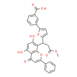 ChemSpider 2D Image | 3-{5-[1-(5,7-Dihydroxy-4-oxo-2-phenyl-4H-chromen-8-yl)-3-methoxy-3-oxopropyl]-2-furyl}benzoic acid | C30H22O9
