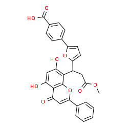 ChemSpider 2D Image | 4-{5-[1-(5,7-Dihydroxy-4-oxo-2-phenyl-4H-chromen-8-yl)-3-methoxy-3-oxopropyl]-2-furyl}benzoic acid | C30H22O9