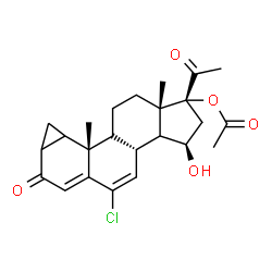 ChemSpider 2D Image | (1R,3R,3bR,8bS,10aS)-1-Acetyl-5-chloro-3-hydroxy-8b,10a-dimethyl-7-oxo-1,2,3,3a,3b,7,7a,8,8a,8b,8c,9,10,10a-tetradecahydrocyclopenta[a]cyclopropa[g]phenanthren-1-yl acetate | C24H29ClO5