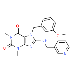 ChemSpider 2D Image | 7-(3-Methoxybenzyl)-1,3-dimethyl-8-[(3-pyridinylmethyl)amino]-3,7-dihydro-1H-purine-2,6-dione | C21H22N6O3