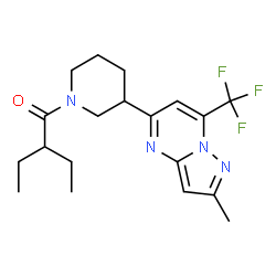 ChemSpider 2D Image | 2-Ethyl-1-{3-[2-methyl-7-(trifluoromethyl)pyrazolo[1,5-a]pyrimidin-5-yl]-1-piperidinyl}-1-butanone | C19H25F3N4O