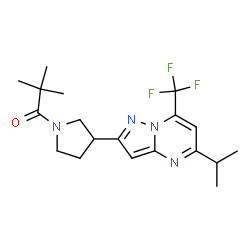 ChemSpider 2D Image | 1-{3-[5-Isopropyl-7-(trifluoromethyl)pyrazolo[1,5-a]pyrimidin-2-yl]-1-pyrrolidinyl}-2,2-dimethyl-1-propanone | C19H25F3N4O