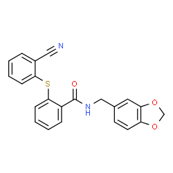ChemSpider 2D Image | N-(1,3-Benzodioxol-5-ylmethyl)-2-[(2-cyanophenyl)sulfanyl]benzamide | C22H16N2O3S