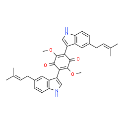 ChemSpider 2D Image | 2,5-Dimethoxy-3,6-bis(5-(3-methylbut-2-en-1-yl)-1H-indol-3-yl)benzo-1,4-quinone | C34H34N2O4