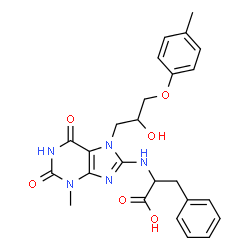 ChemSpider 2D Image | N-{7-[2-Hydroxy-3-(4-methylphenoxy)propyl]-3-methyl-2,6-dioxo-2,3,6,7-tetrahydro-1H-purin-8-yl}phenylalanine | C25H27N5O6