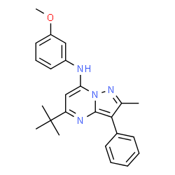 ChemSpider 2D Image | 5-tert-butyl-N-(3-methoxyphenyl)-2-methyl-3-phenylpyrazolo[1,5-a]pyrimidin-7-amine | C24H26N4O