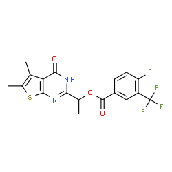 ChemSpider 2D Image | 1-(5,6-Dimethyl-4-oxo-1,4-dihydrothieno[2,3-d]pyrimidin-2-yl)ethyl 4-fluoro-3-(trifluoromethyl)benzoate | C18H14F4N2O3S