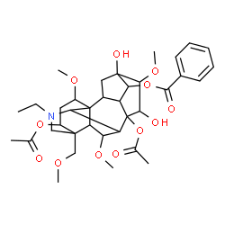 ChemSpider 2D Image | 3,8-Diacetoxy-20-ethyl-13,15-dihydroxy-1,6,16-trimethoxy-4-(methoxymethyl)aconitan-14-yl benzoate | C36H49NO12