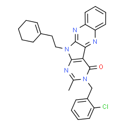 ChemSpider 2D Image | 3-(2-Chlorobenzyl)-11-[2-(1-cyclohexen-1-yl)ethyl]-2-methyl-3,11-dihydro-4H-pyrimido[5',4':4,5]pyrrolo[2,3-b]quinoxalin-4-one | C28H26ClN5O