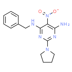 ChemSpider 2D Image | N-Benzyl-5-nitro-2-(1-pyrrolidinyl)-4,6-pyrimidinediamine | C15H18N6O2