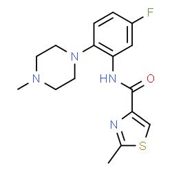 ChemSpider 2D Image | N-[5-Fluoro-2-(4-methyl-1-piperazinyl)phenyl]-2-methyl-1,3-thiazole-4-carboxamide | C16H19FN4OS