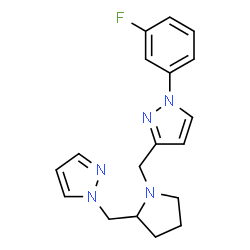 ChemSpider 2D Image | 1-(3-Fluorophenyl)-3-{[2-(1H-pyrazol-1-ylmethyl)-1-pyrrolidinyl]methyl}-1H-pyrazole | C18H20FN5
