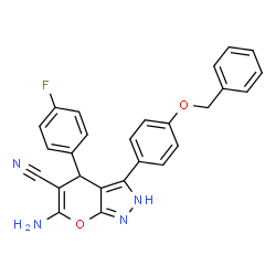 ChemSpider 2D Image | 6-Amino-3-[4-(benzyloxy)phenyl]-4-(4-fluorophenyl)-2,4-dihydropyrano[2,3-c]pyrazole-5-carbonitrile | C26H19FN4O2