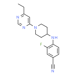 ChemSpider 2D Image | 4-{[1-(6-Ethyl-4-pyrimidinyl)-4-piperidinyl]amino}-3-fluorobenzonitrile | C18H20FN5