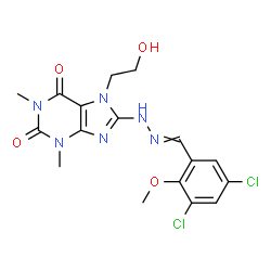 ChemSpider 2D Image | 8-[2-(3,5-Dichloro-2-methoxybenzylidene)hydrazino]-7-(2-hydroxyethyl)-1,3-dimethyl-3,7-dihydro-1H-purine-2,6-dione | C17H18Cl2N6O4