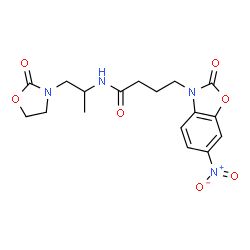 ChemSpider 2D Image | 4-(6-Nitro-2-oxo-1,3-benzoxazol-3(2H)-yl)-N-[1-(2-oxo-1,3-oxazolidin-3-yl)-2-propanyl]butanamide | C17H20N4O7