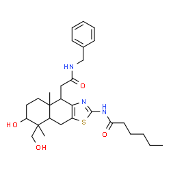 ChemSpider 2D Image | N-{4-[2-(Benzylamino)-2-oxoethyl]-7-hydroxy-8-(hydroxymethyl)-4a,8-dimethyl-4,4a,5,6,7,8,8a,9-octahydronaphtho[2,3-d][1,3]thiazol-2-yl}hexanamide | C29H41N3O4S
