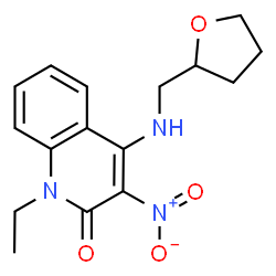 ChemSpider 2D Image | 1-Ethyl-3-nitro-4-[(tetrahydro-2-furanylmethyl)amino]-2(1H)-quinolinone | C16H19N3O4