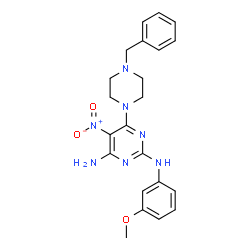 ChemSpider 2D Image | 6-(4-Benzyl-1-piperazinyl)-N~2~-(3-methoxyphenyl)-5-nitro-2,4-pyrimidinediamine | C22H25N7O3