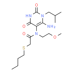 ChemSpider 2D Image | N-(6-Amino-1-isobutyl-2,4-dioxo-1,2,3,4-tetrahydro-5-pyrimidinyl)-2-(butylsulfanyl)-N-(2-methoxyethyl)acetamide | C17H30N4O4S
