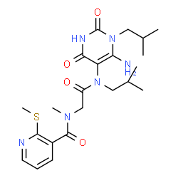 ChemSpider 2D Image | N-{2-[(6-Amino-1-isobutyl-2,4-dioxo-1,2,3,4-tetrahydro-5-pyrimidinyl)(isobutyl)amino]-2-oxoethyl}-N-methyl-2-(methylsulfanyl)nicotinamide | C22H32N6O4S