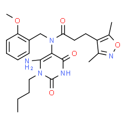 ChemSpider 2D Image | N-(6-Amino-1-butyl-2,4-dioxo-1,2,3,4-tetrahydro-5-pyrimidinyl)-3-(3,5-dimethyl-1,2-oxazol-4-yl)-N-(2-methoxybenzyl)propanamide | C24H31N5O5