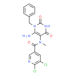 ChemSpider 2D Image | N-(6-Amino-1-benzyl-2,4-dioxo-1,2,3,4-tetrahydro-5-pyrimidinyl)-5,6-dichloro-N-methylnicotinamide | C18H15Cl2N5O3