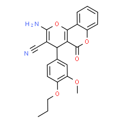 ChemSpider 2D Image | 2-Amino-4-(3-methoxy-4-propoxyphenyl)-5-oxo-4H,5H-pyrano[3,2-c]chromene-3-carbonitrile | C23H20N2O5