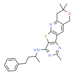 ChemSpider 2D Image | 2,8,8-Trimethyl-N-(4-phenyl-2-butanyl)-7,10-dihydro-8H-pyrano[3'',4'':5',6']pyrido[3',2':4,5]thieno[3,2-d]pyrimidin-4-amine | C25H28N4OS