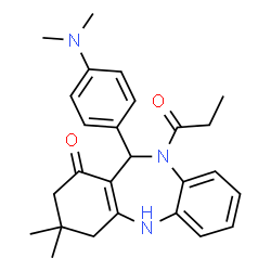 ChemSpider 2D Image | 11-[4-(Dimethylamino)phenyl]-3,3-dimethyl-10-propionyl-2,3,4,5,10,11-hexahydro-1H-dibenzo[b,e][1,4]diazepin-1-one | C26H31N3O2