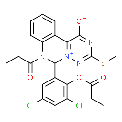 ChemSpider 2D Image | 6-[3,5-Dichloro-2-(propionyloxy)phenyl]-3-(methylsulfanyl)-7-propionyl-6,7-dihydro[1,2,4]triazino[1,6-c]quinazolin-5-ium-1-olate | C23H20Cl2N4O4S