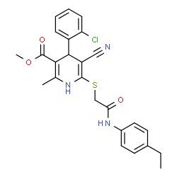 ChemSpider 2D Image | Methyl 4-(2-chlorophenyl)-5-cyano-6-({2-[(4-ethylphenyl)amino]-2-oxoethyl}sulfanyl)-2-methyl-1,4-dihydro-3-pyridinecarboxylate | C25H24ClN3O3S