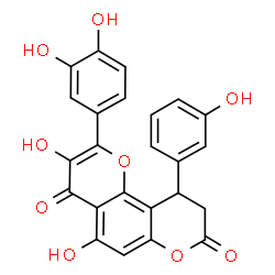 ChemSpider 2D Image | 2-(3,4-Dihydroxyphenyl)-3,5-dihydroxy-10-(3-hydroxyphenyl)-9,10-dihydro-4H,8H-pyrano[2,3-f]chromene-4,8-dione | C24H16O9