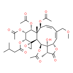 ChemSpider 2D Image | (1R,3aS,4E,6Z,8S,8aS,9R,10R,11R,12R,12aS,13S,13aS)-8,9,10,13-Tetraacetoxy-13a-hydroxy-5-(methoxymethyl)-1,8a-dimethyl-2-oxo-1,3a,8,8a,9,10,11,12a,13,13a-decahydro-2H-spiro[benzo[4,5]cyclodeca[1,2-b]fu
ran-12,2'-oxiran]-11-yl 3-methylbutanoate | C34H46O15