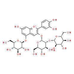 ChemSpider 2D Image | 2-(3,4-Dihydroxyphenyl)-5-(beta-D-glucopyranosyloxy)-7-hydroxy-3-chromeniumyl 2-O-beta-D-glucopyranosyl-alpha-D-glucopyranoside | C33H41O21
