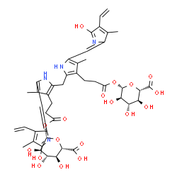ChemSpider 2D Image | (2S,3S,4S,5R,6S)-6-[3-[2-[[3-[3-[(2S,3R,4S,5S,6S)-6-carboxy-3,4,5-trihydroxy-tetrahydropyran-2-yl]oxy-3-oxo-propyl]-5-[(5-hydroxy-4-methyl-3-vinyl-pyrrol-2-ylidene)methyl]-4-methyl-1H-pyrrol-2-yl]methyl]-5-[(E)-(5-hydroxy-3-methyl-4-vinyl-pyrrol-2-ylidene)methyl]-4-methyl-1H-pyrrol-3-yl]propanoyloxy]-3,4,5-trihydroxy-tetrahydropyran-2-carboxylic acid | C45H52N4O18