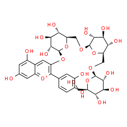 ChemSpider 2D Image | 2-(3,4-Dihydroxyphenyl)-5,7-dihydroxy-3-chromeniumyl beta-D-glucopyranosyl-(1->6)-beta-D-glucopyranosyl-(1->6)-beta-D-glucopyranoside | C33H41O21