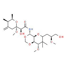 ChemSpider 2D Image | (2S)-2-Hydroxy-N-{(4S,4aS,8S,8aR)-6-[(2S)-3-hydroxy-2-methoxypropyl]-8-methoxy-7,7-dimethylhexahydropyrano[3,2-d][1,3]dioxin-4-yl}-2-[(2R,5R,6R)-2-methoxy-5,6-dimethyl-4-methylenetetrahydro-2H-pyran-2
-yl]acetamide | C25H43NO10